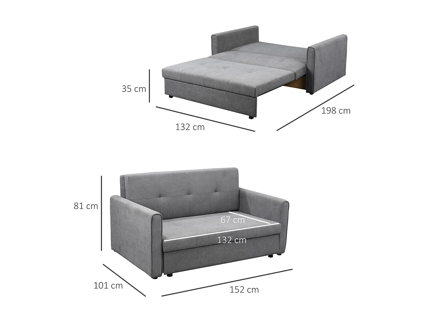 Canapé convertible 2 places style Chesterfield assise dossier effet capitonné coffre tissu gris