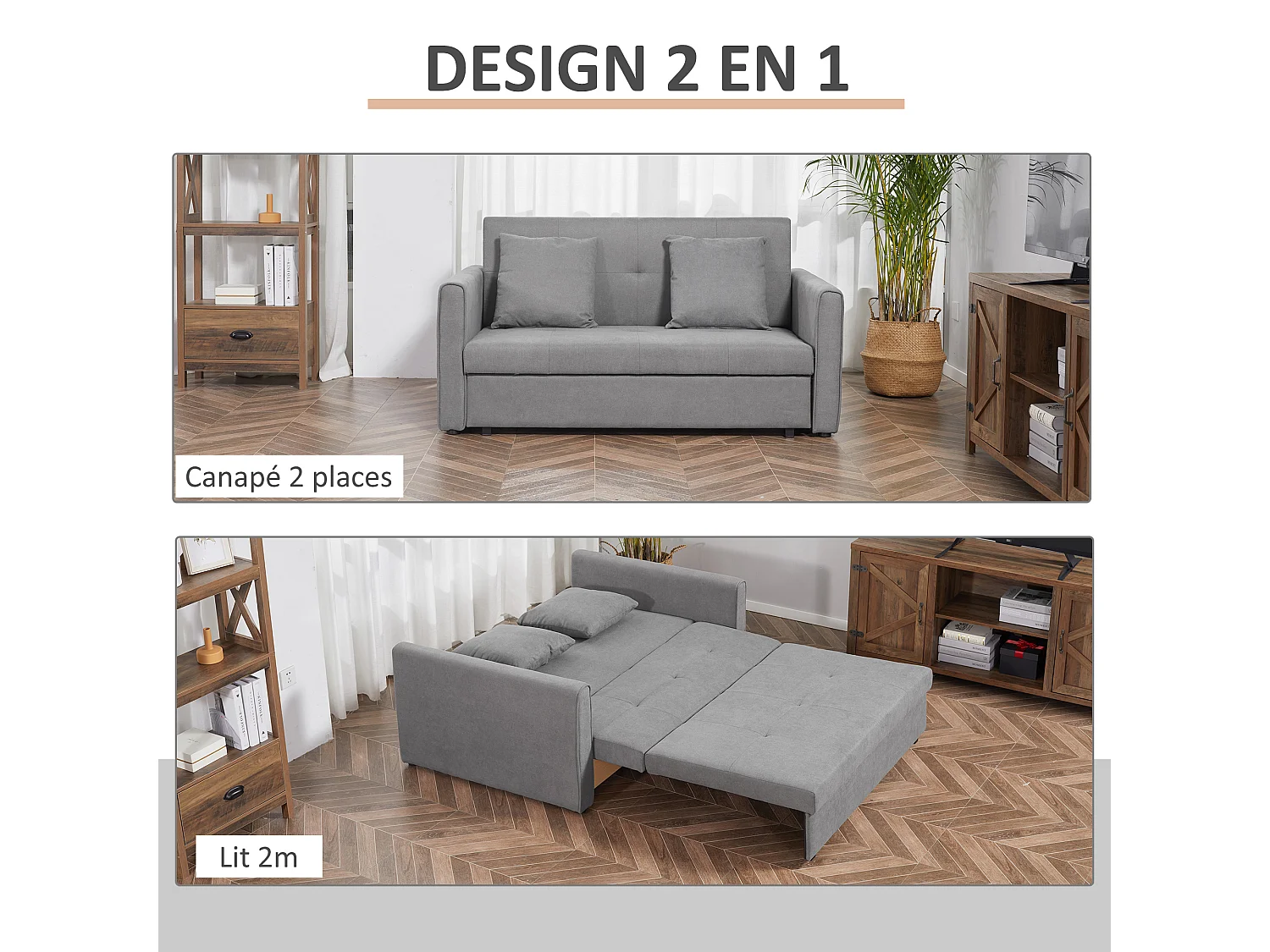 Canapé convertible 2 places style Chesterfield assise dossier effet capitonné coffre tissu gris