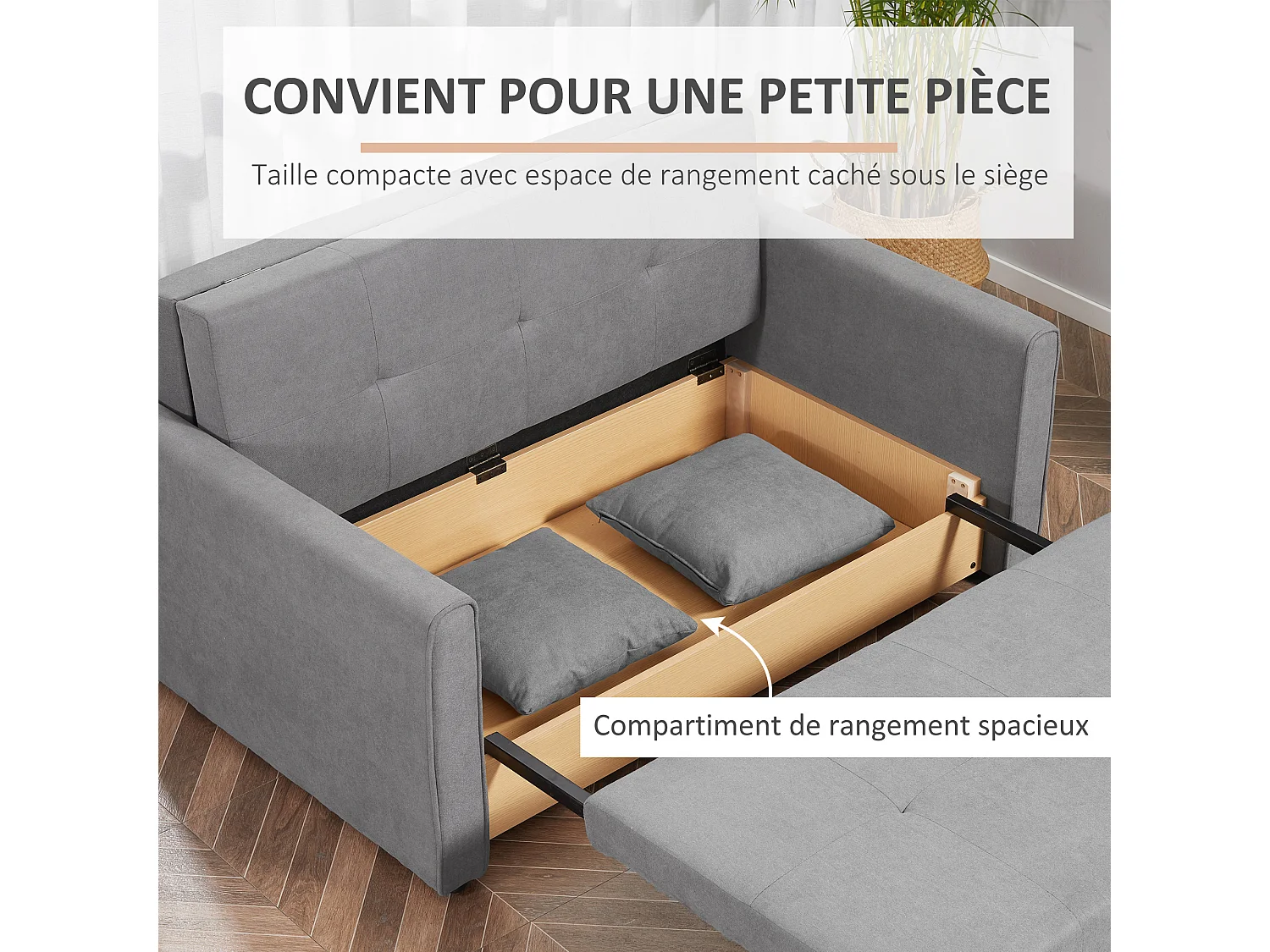 Canapé convertible 2 places style Chesterfield assise dossier effet capitonné coffre tissu gris