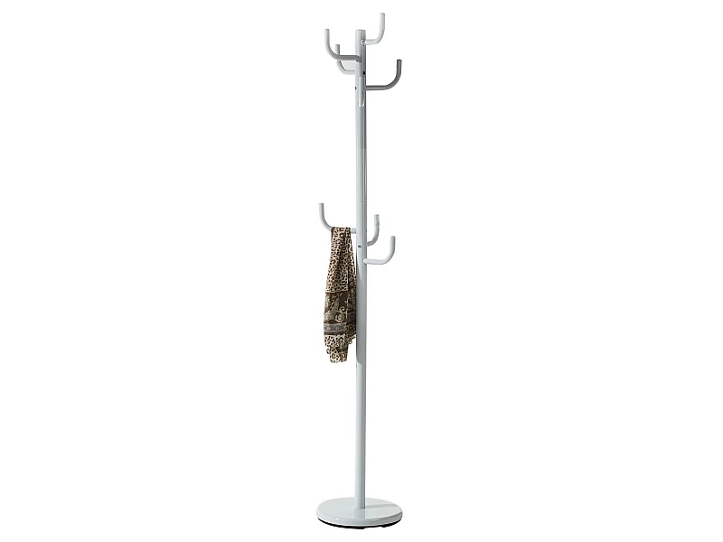 Porte-manteaux MILA portant pour vêtements sur pied hauteur 174 cm socle rond et 8 crochets, meuble d'entrée en métal laqué blanc