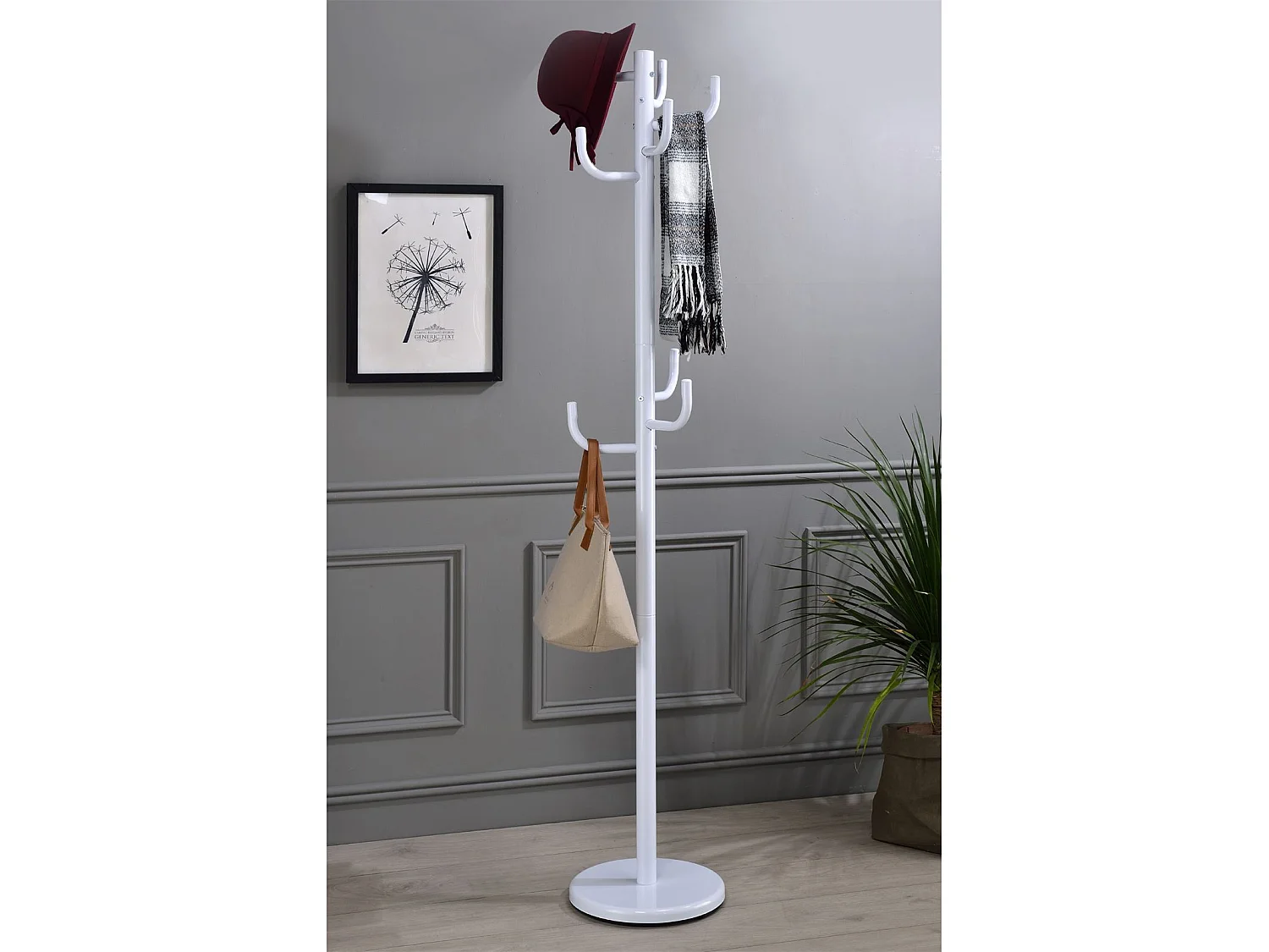 Porte-manteaux MILA portant pour vêtements sur pied hauteur 174 cm socle rond et 8 crochets, meuble d'entrée en métal laqué blanc