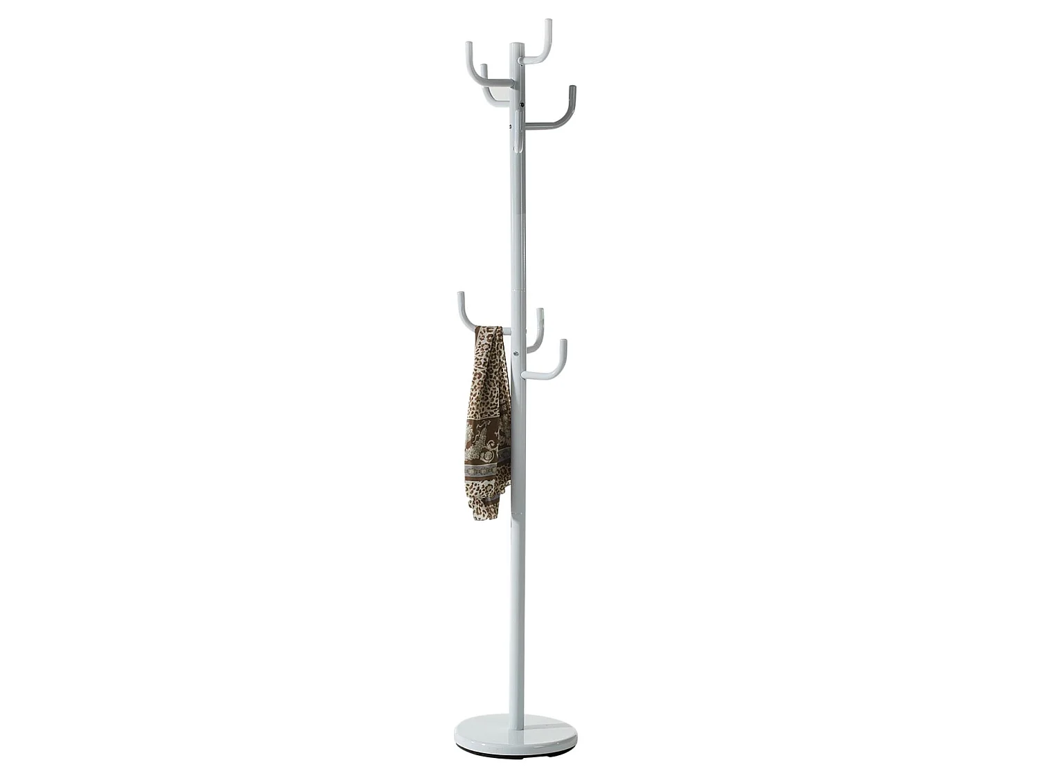 Porte-manteaux MILA portant pour vêtements sur pied hauteur 174 cm socle rond et 8 crochets, meuble d'entrée en métal laqué blanc
