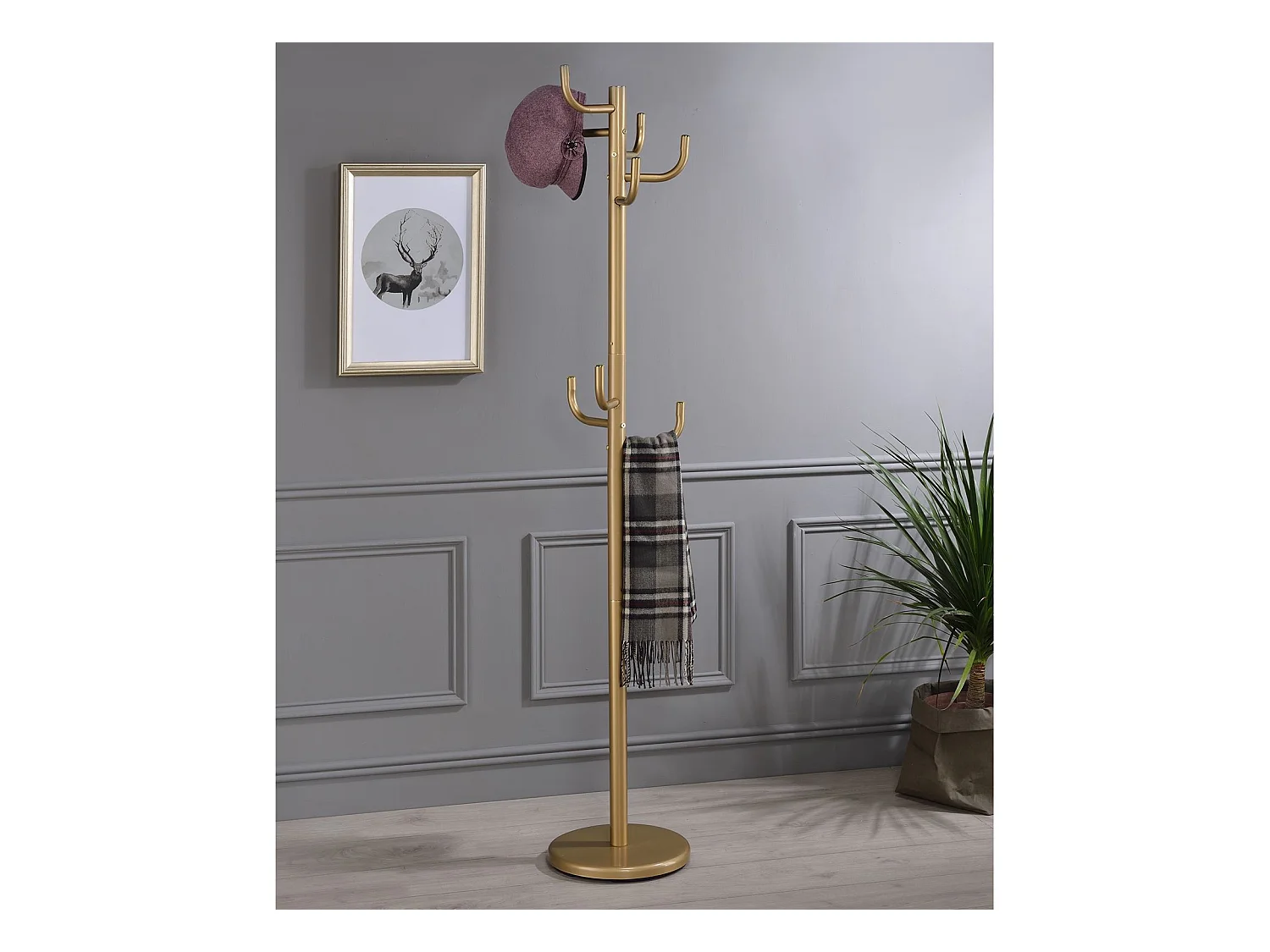 Porte-manteaux MILA portant pour vêtements sur pied hauteur 174 cm socle rond et 8 crochets, meuble d'entrée en métal laqué or