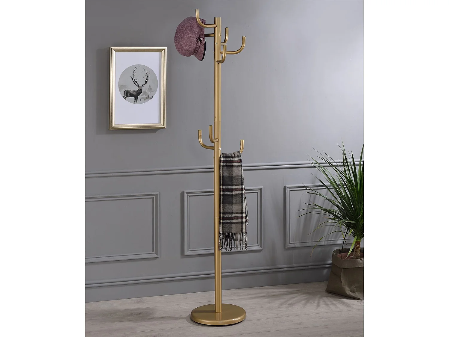 Porte-manteaux MILA portant pour vêtements sur pied hauteur 174 cm socle rond et 8 crochets, meuble d'entrée en métal laqué or