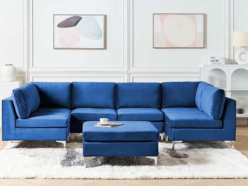 Modulares Sofa U-Form mit Ottomane Polsterbezug aus Samtstoff Blau Modern Evja