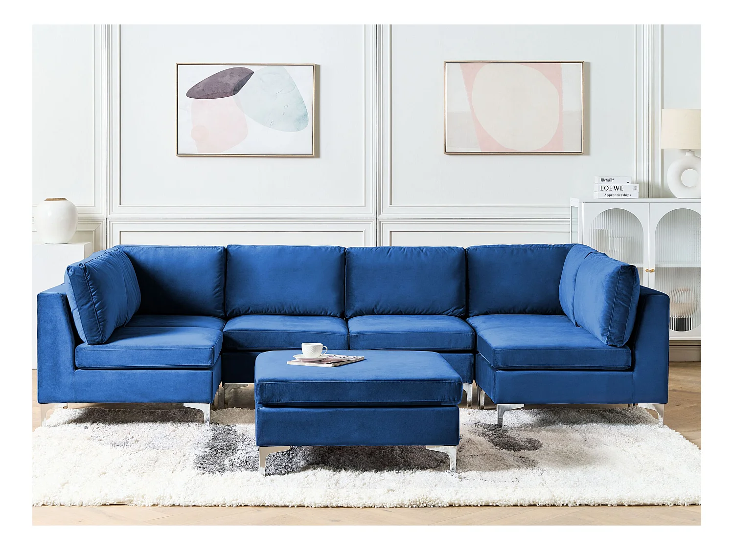 Canapé modulable en forme de U 6 places EVJA Velours Bleu marine avec ottoman