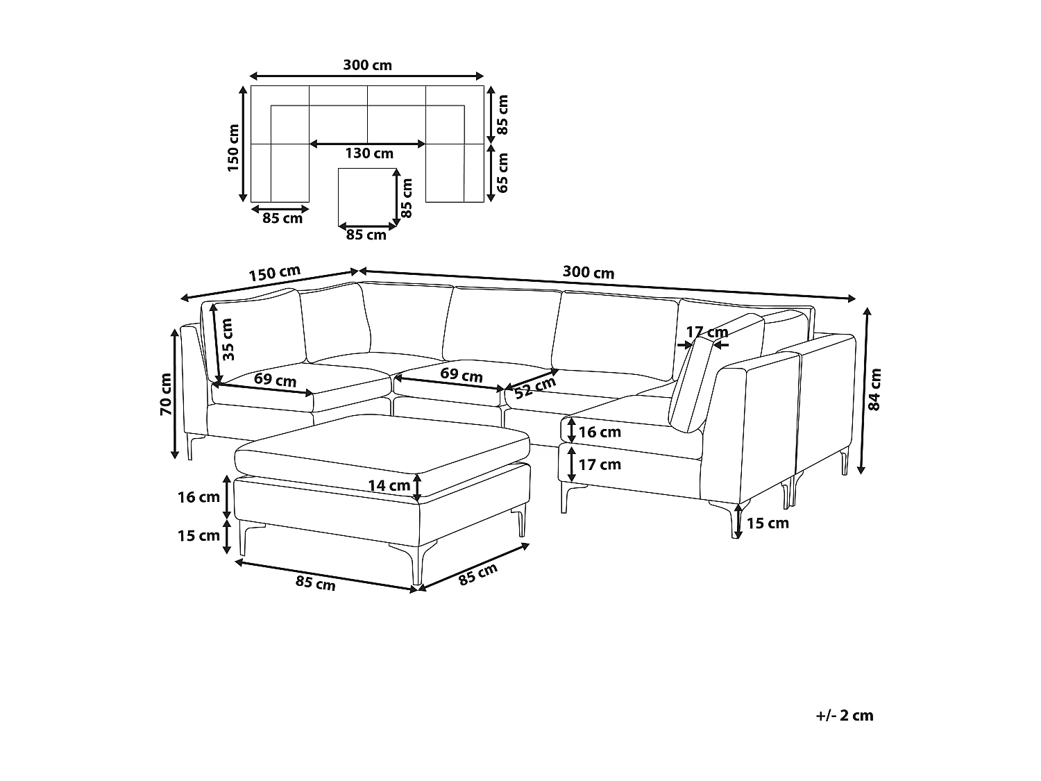 Canapé modulable en forme de U 6 places EVJA Velours Bleu marine avec ottoman