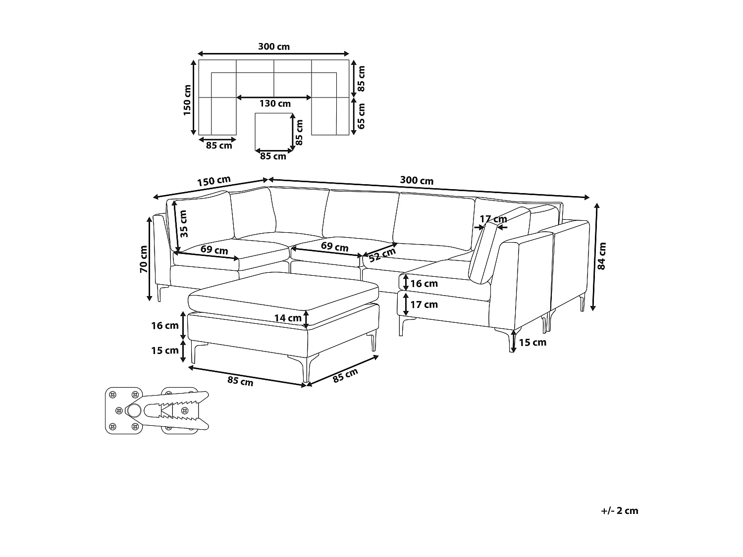Canapé modulable en forme de U EVJA Velours Bleu marine avec ottoman 6 places