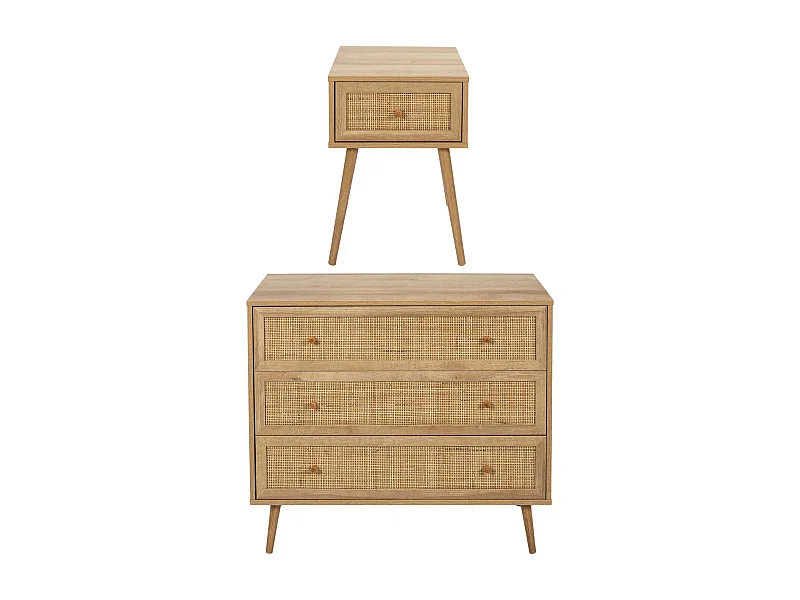 Set commode en bois 3 tiroirs et chevet 1 tiroir Bali