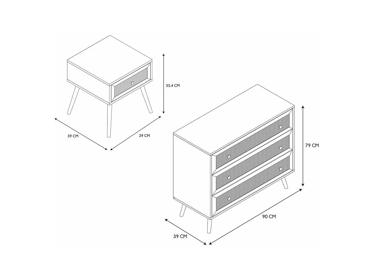 Set commode en bois 3 tiroirs et chevet 1 tiroir Bali