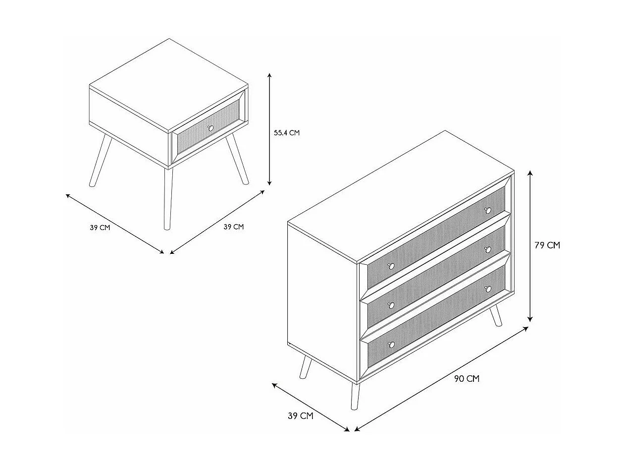 Set commode en bois 3 tiroirs et chevet 1 tiroir Bali