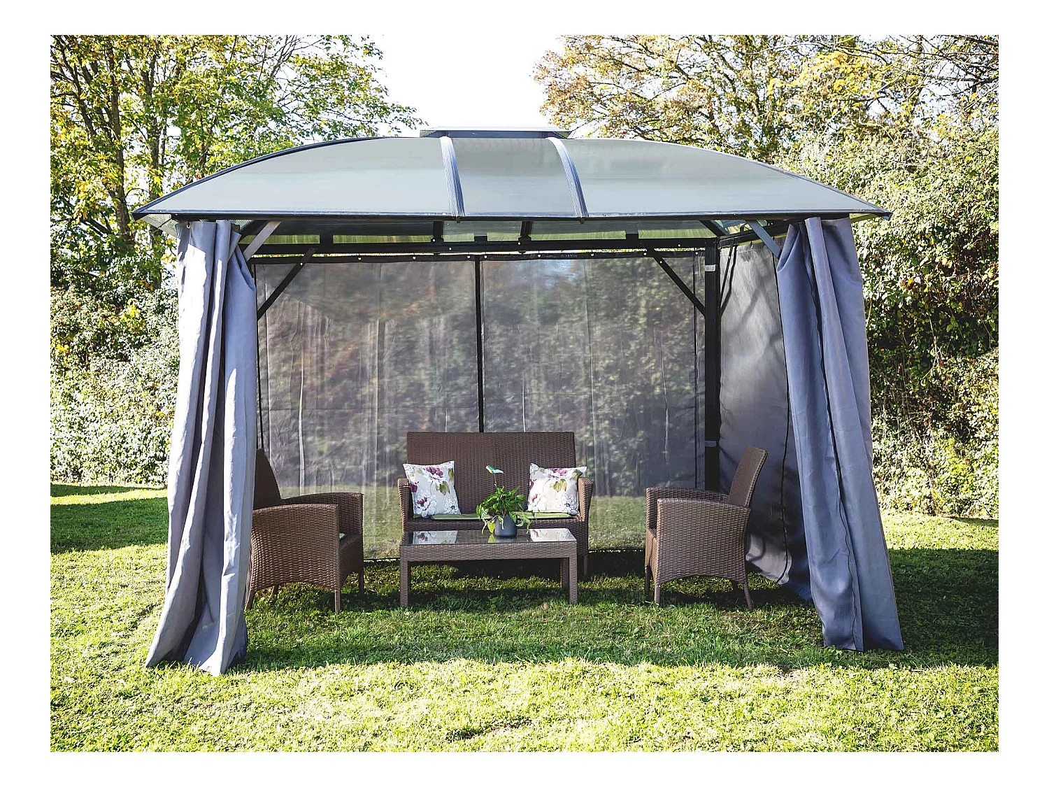 GL3630.AL-Gloriette aluminium avec rideaux toit 4 pentes coloris gris anthracite