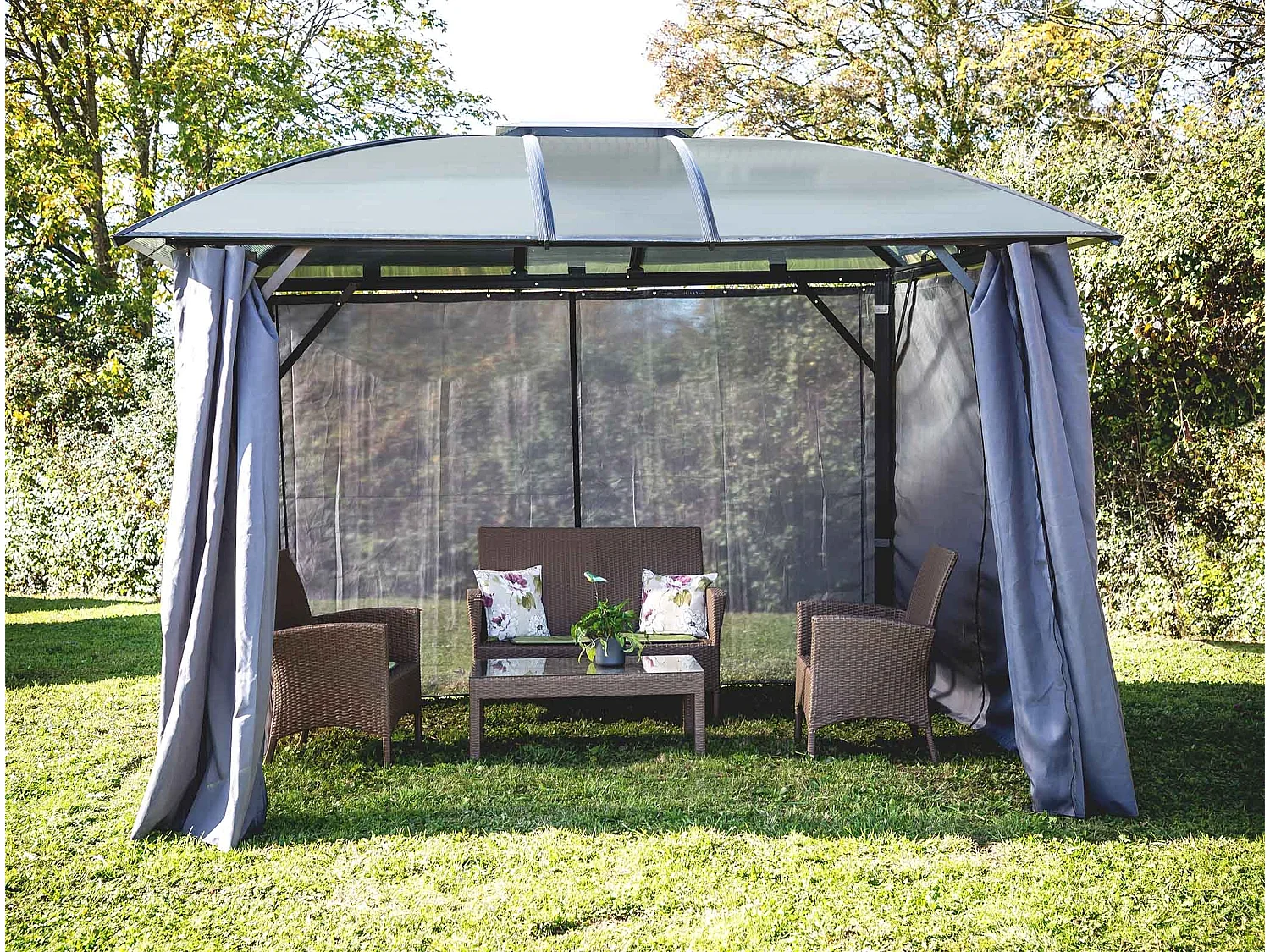 GL3630.AL-Gloriette aluminium avec rideaux toit 4 pentes coloris gris anthracite