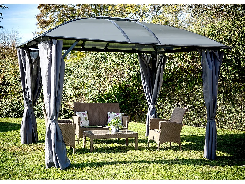 GL3630.AL-Gloriette aluminium avec rideaux toit 4 pentes coloris gris anthracite