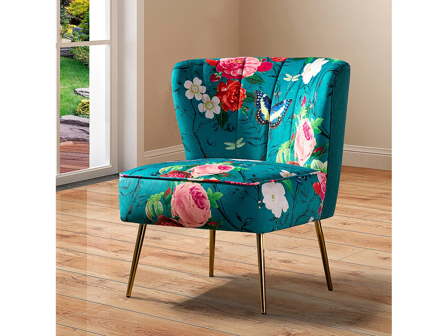 Chaise de Salon avec Pieds Dorés, Fauteuil Confortable en Tissu Floral sans Accoudoir-Imprimé Fleurs, Bleu