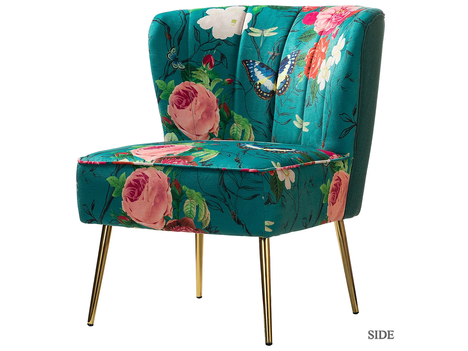 Chaise de Salon avec Pieds Dorés, Fauteuil Confortable en Tissu Floral sans Accoudoir-Imprimé Fleurs, Bleu