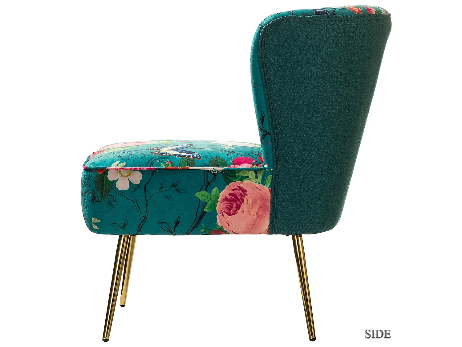Chaise de Salon avec Pieds Dorés, Fauteuil Confortable en Tissu Floral sans Accoudoir-Imprimé Fleurs, Bleu