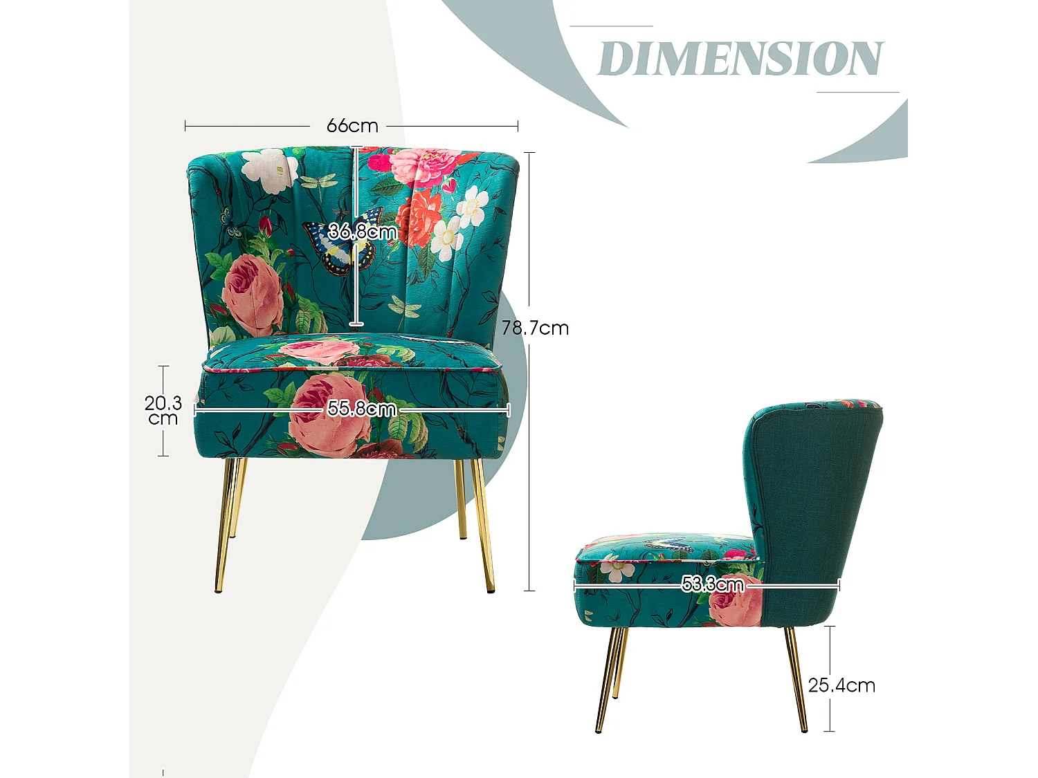 Chaise de Salon avec Pieds Dorés, Fauteuil Confortable en Tissu Floral sans Accoudoir-Imprimé Fleurs, Bleu