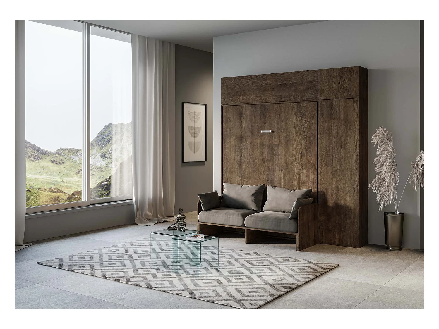 Cama abatible 160 vertical Kentaro Sofà con columna - módulo a pared superior - módulo con apertura vasistas Nogal - ALESSIA 20