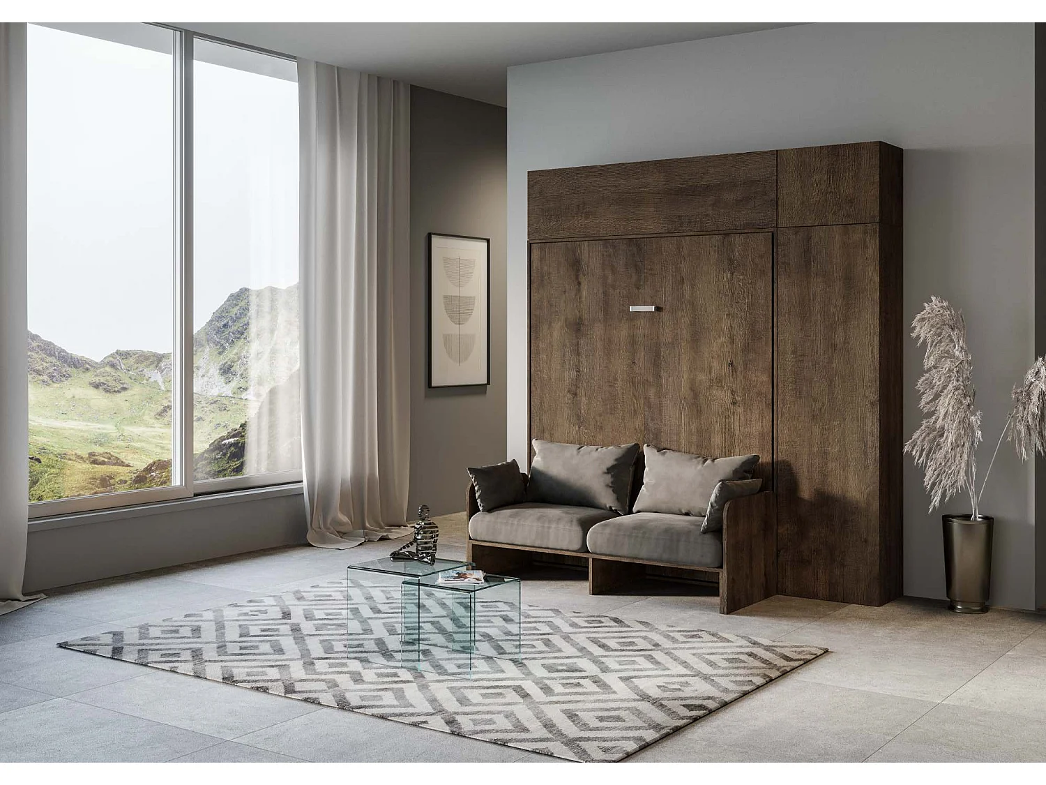 Armoire lit queen size escamotable vertical 160 Kentaro Sofa avec meublier Noyer -A20