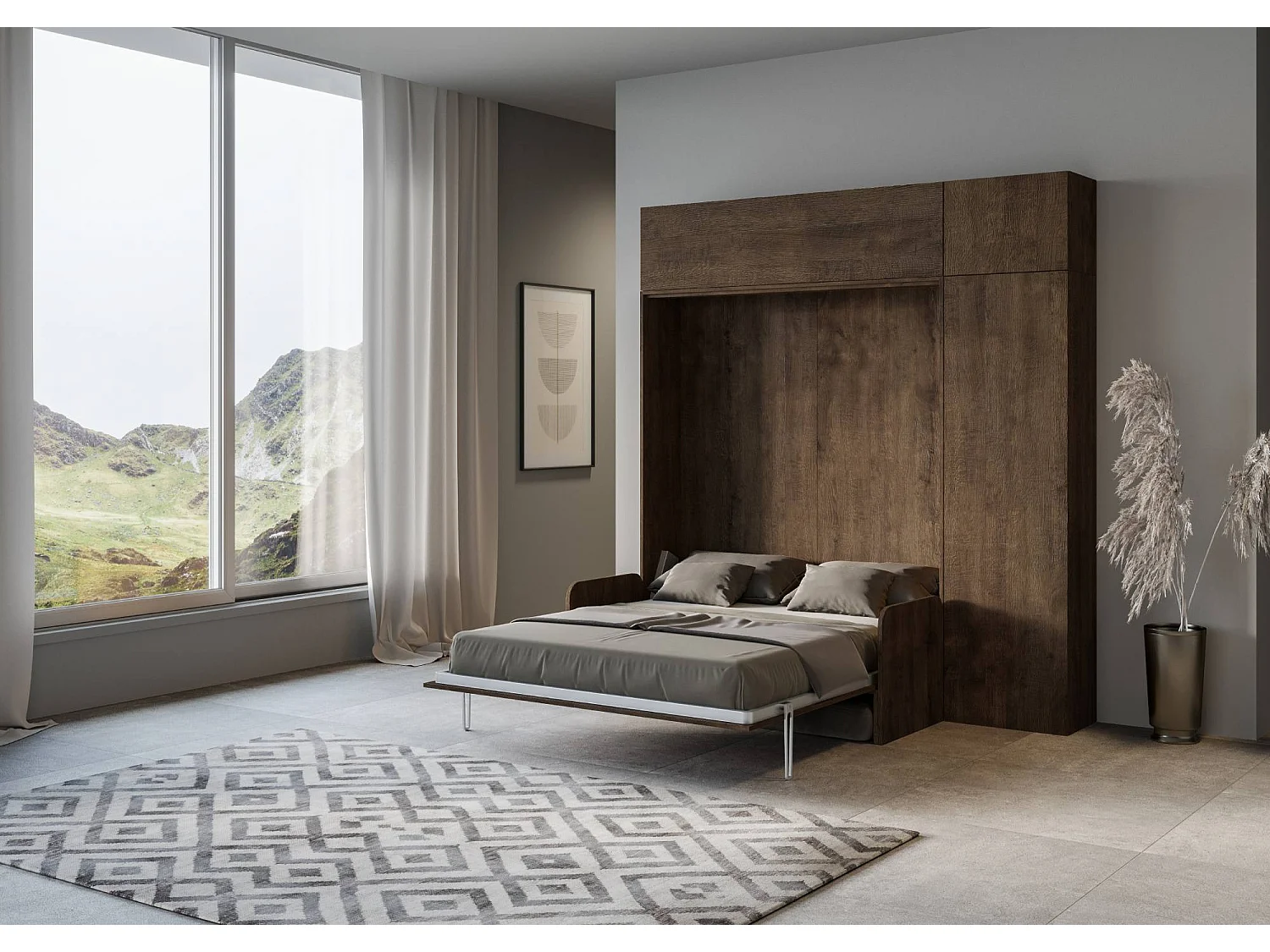 Armoire lit queen size escamotable vertical 160 Kentaro Sofa avec meublier Noyer -A20