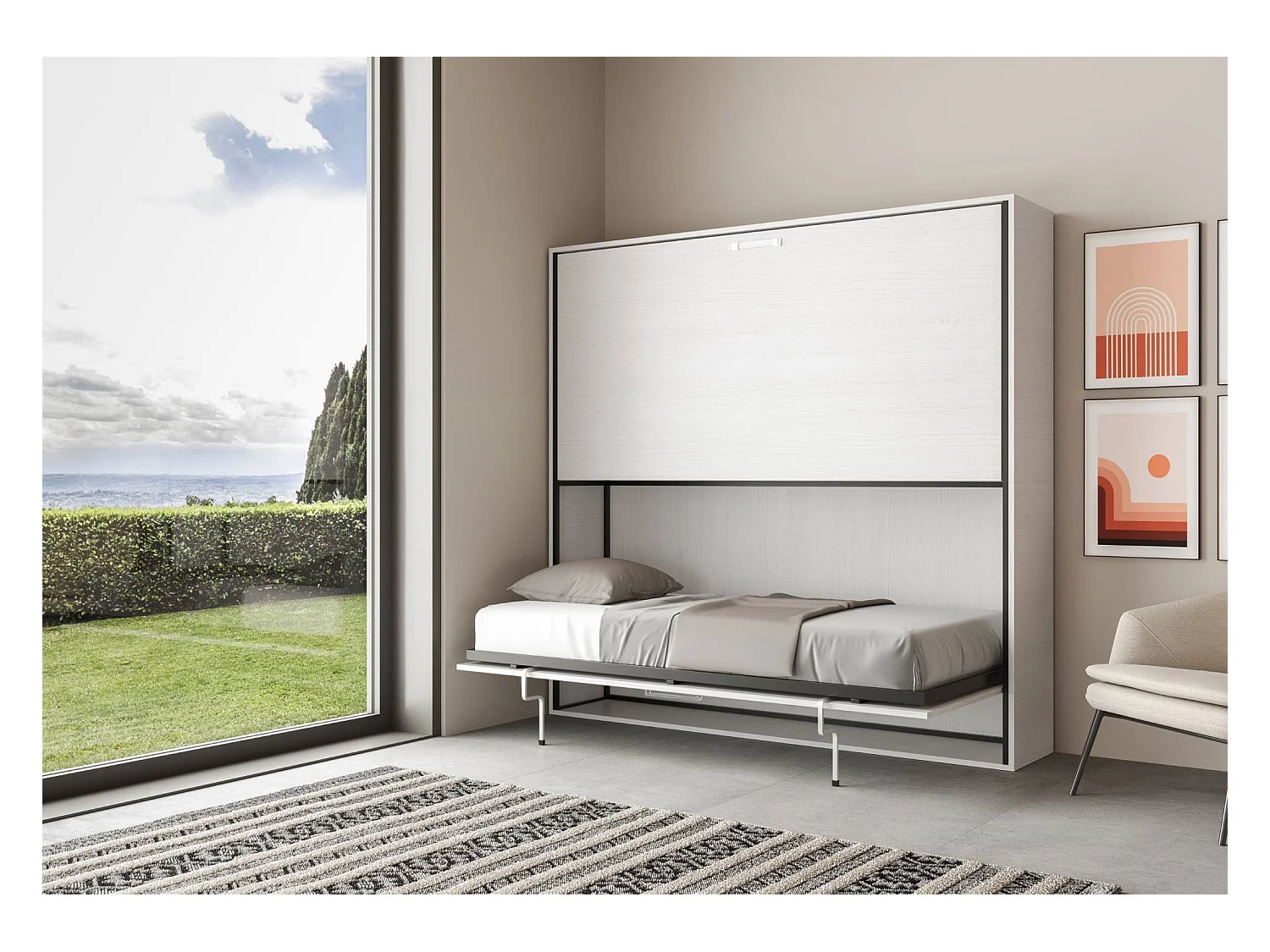 Lit escamotable horizontal superposé 2 couchages 85 Kando avec matelas Frêne Blanc