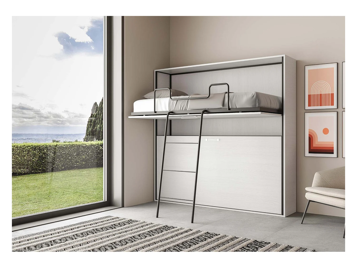 Lit escamotable horizontal superposé 2 couchages 85 Kando avec matelas Frêne Blanc