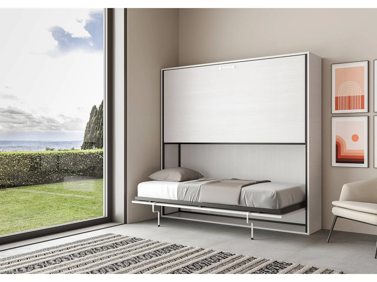 Lit escamotable horizontal superposé 2 couchages 85 Kando avec matelas Frêne Blanc