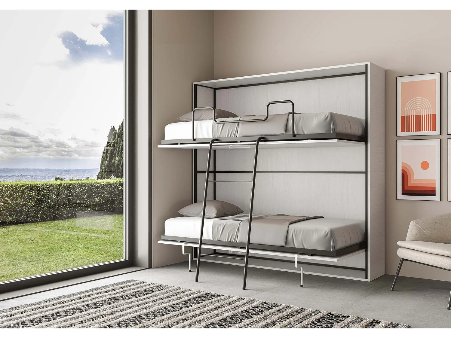 Lit escamotable horizontal superposé 2 couchages 85 Kando avec matelas Frêne Blanc