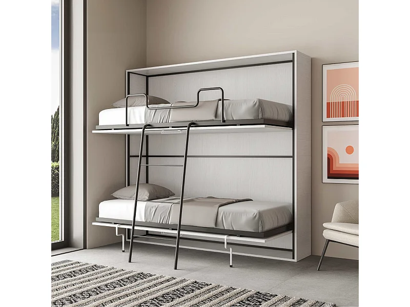 Lit escamotable horizontal superposé 2 couchages 85 Kando avec matelas Frêne Blanc