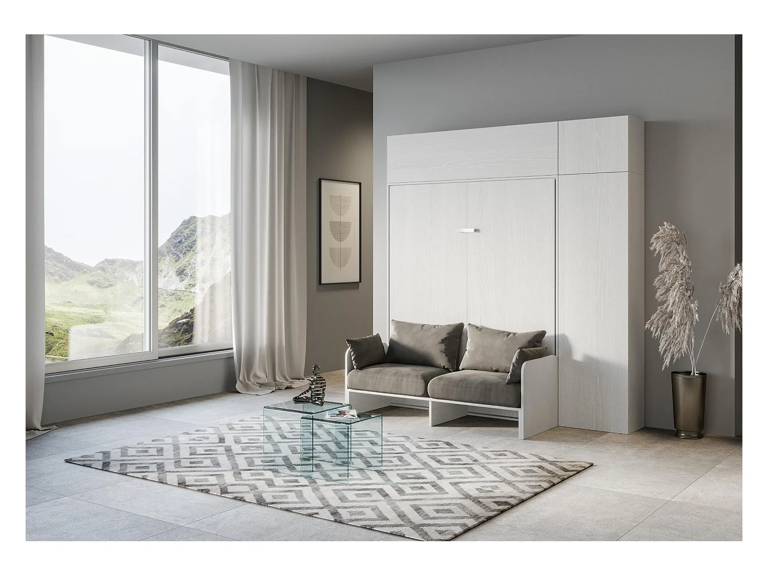 Armoire lit escamotable vertical 160 Kentaro Sofa avec colonne et élements hauts Frêne Blanc - ALESSIA 20