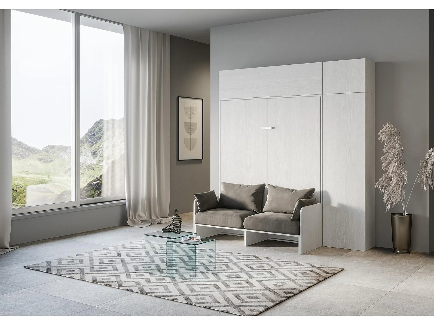 Armoire lit queen size escamotable vertical 160 Kentaro Sofa avec meublier Frêne Blanc -A20