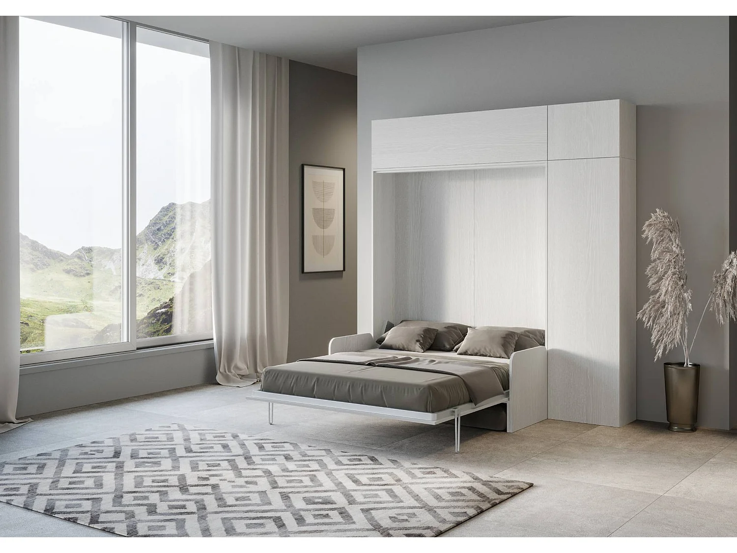 Armoire lit queen size escamotable vertical 160 Kentaro Sofa avec meublier Frêne Blanc -A20