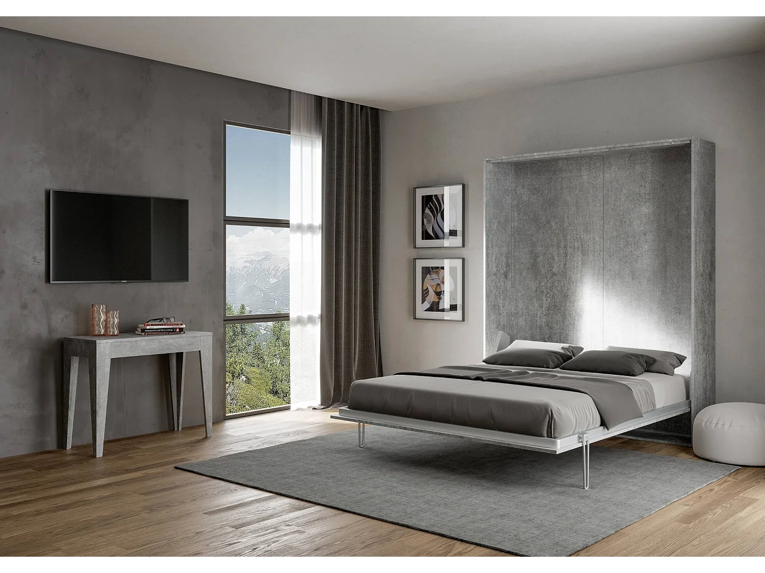 Lit queen size escamotable vertical 160 Kentaro Gris Béton