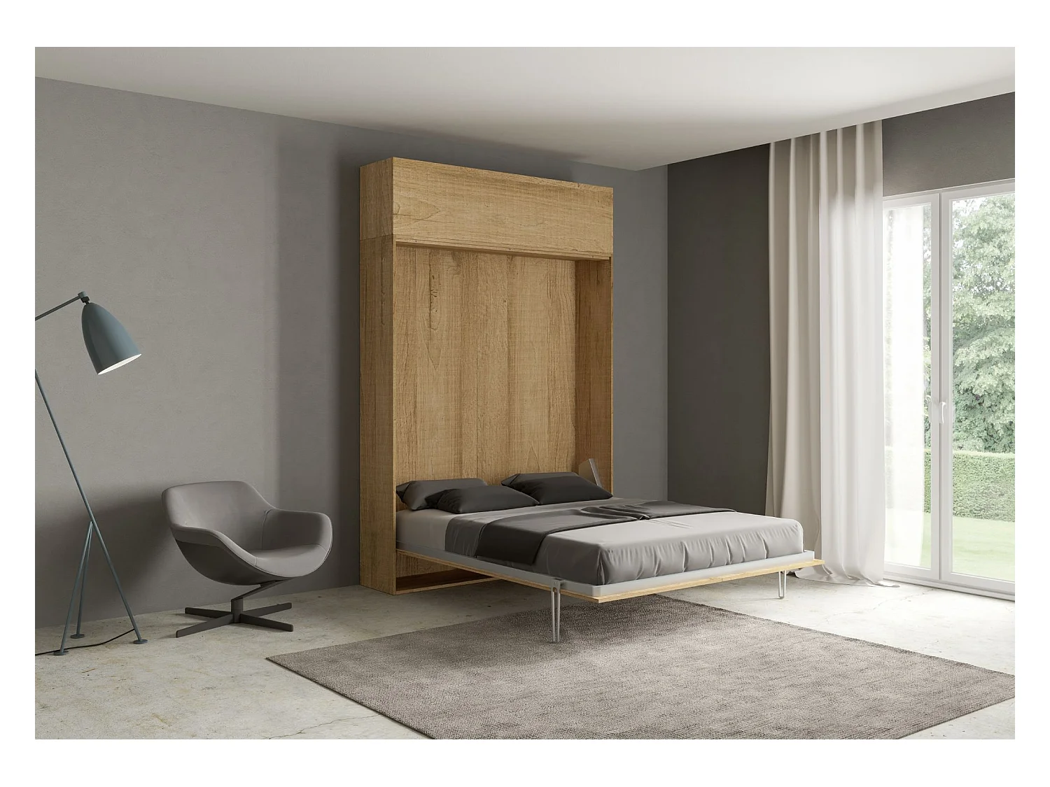 Schrankbett Kentaro 160 vertikal mit Vasistas-Wandschrank Eiche Natur