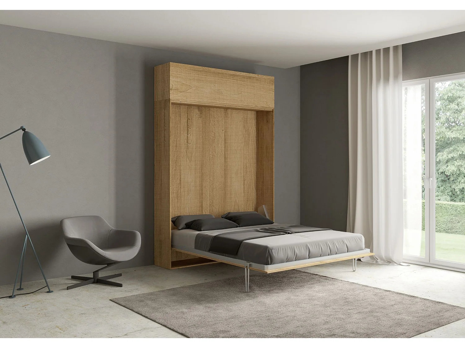 Schrankbett Kentaro 160 vertikal mit Vasistas-Wandschrank Eiche Natur