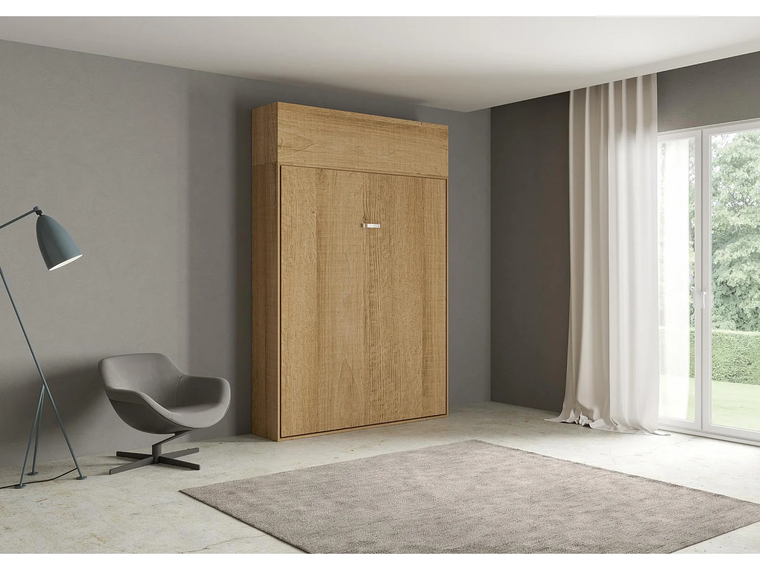 Armoire lit queen size escamotable vertical 160 Kentaro avec èlèment haut Chêne Nature