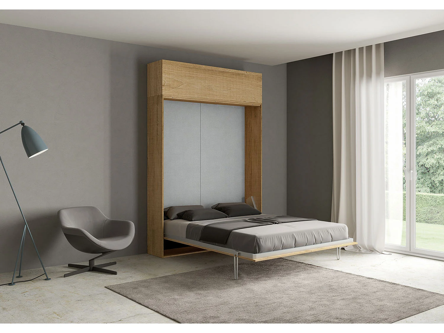 Armoire lit queen size escamotable vertical 160 Kentaro avec èlèment haut Chêne Nature