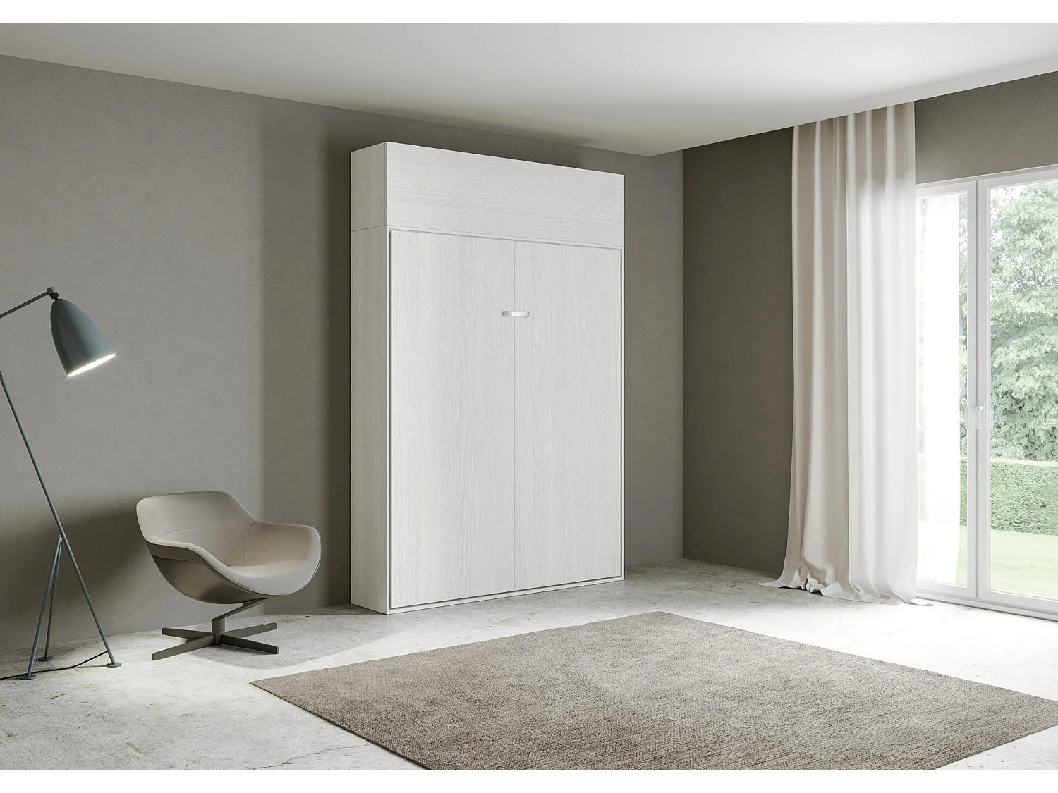 Armoire lit double escamotable vertical 140 Kentaro avec èlèment haut Frêne Blanc