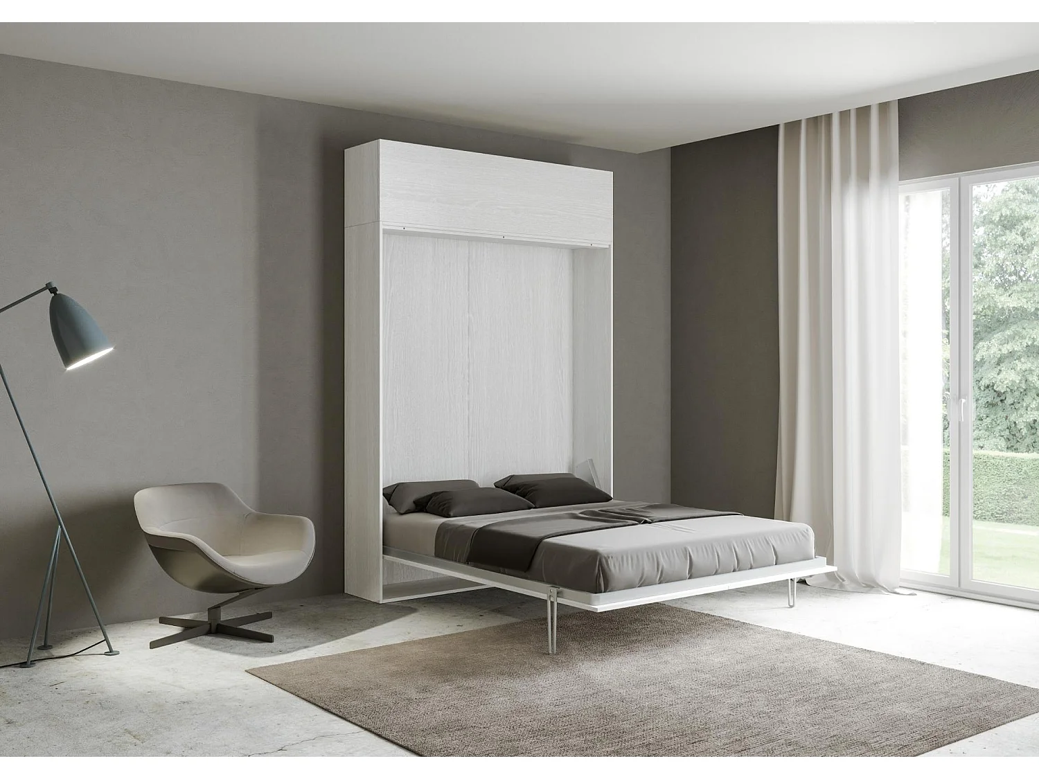 Armoire lit double escamotable vertical 140 Kentaro avec èlèment haut Frêne Blanc