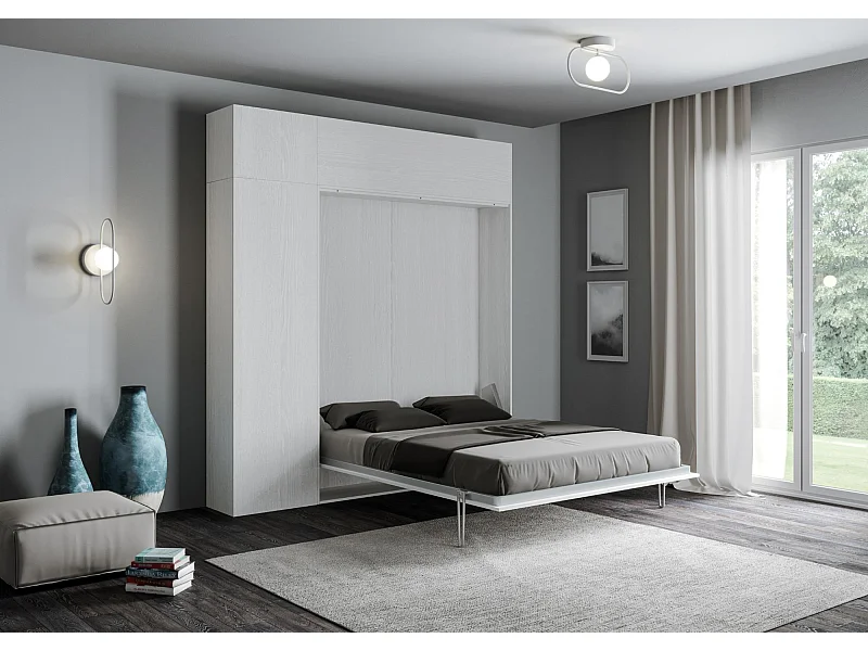 Cama abatible 160 vertical Kentaro con columna - módulo a pared superior - módulo con apertura vasistas Fresno Blanco
