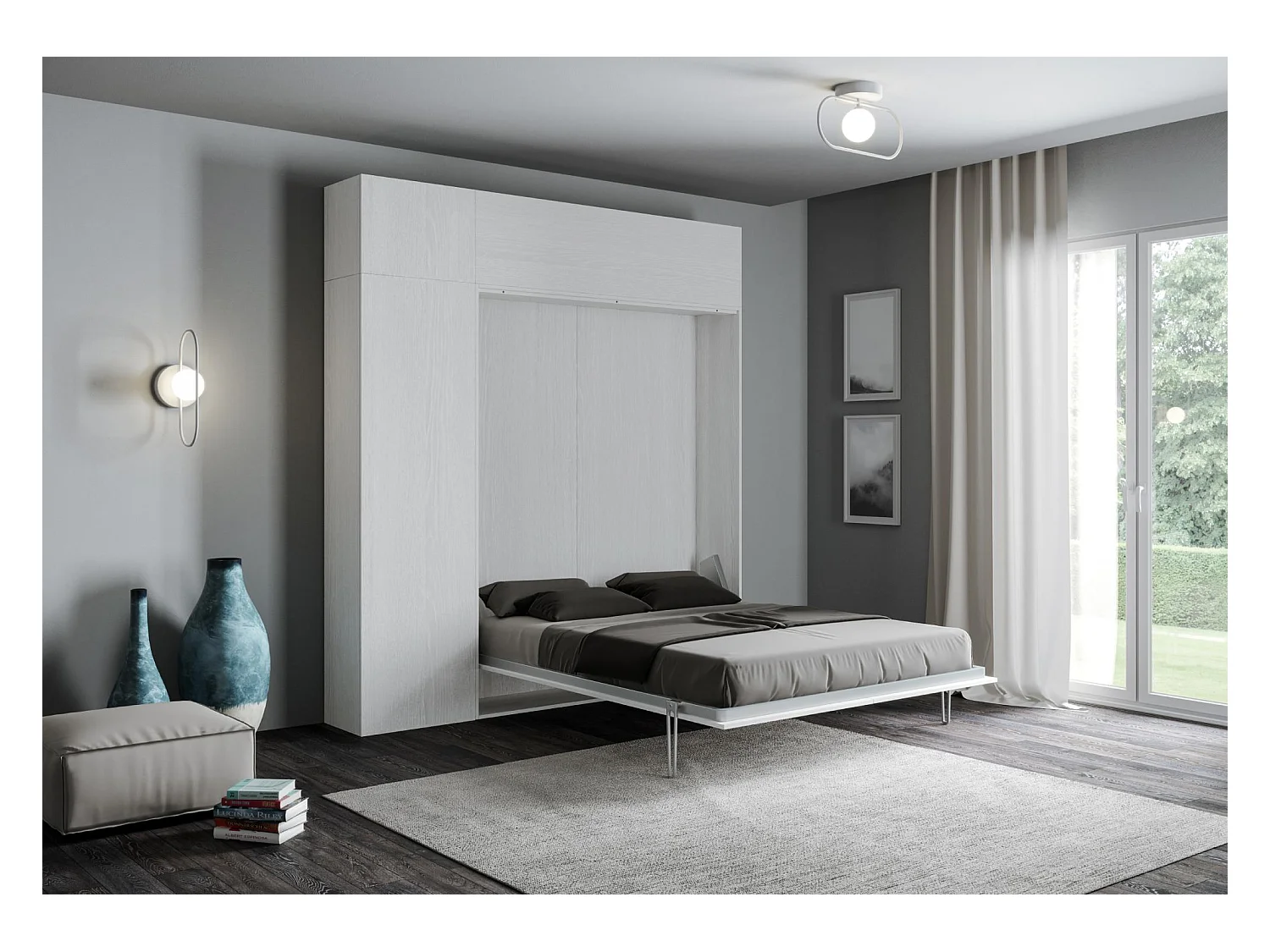 Armoire lit escamotable vertical 160 Kentaro avec colonne et élements hauts Frêne Blanc