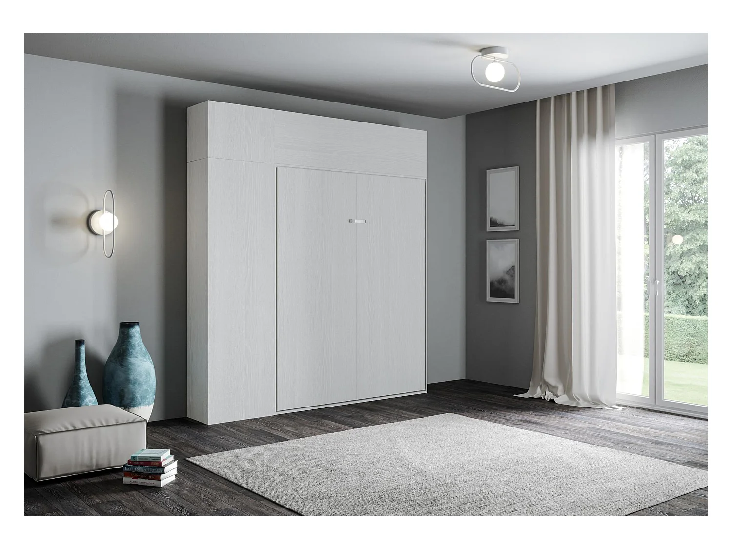 Armoire lit escamotable vertical 160 Kentaro avec colonne et élements hauts Frêne Blanc