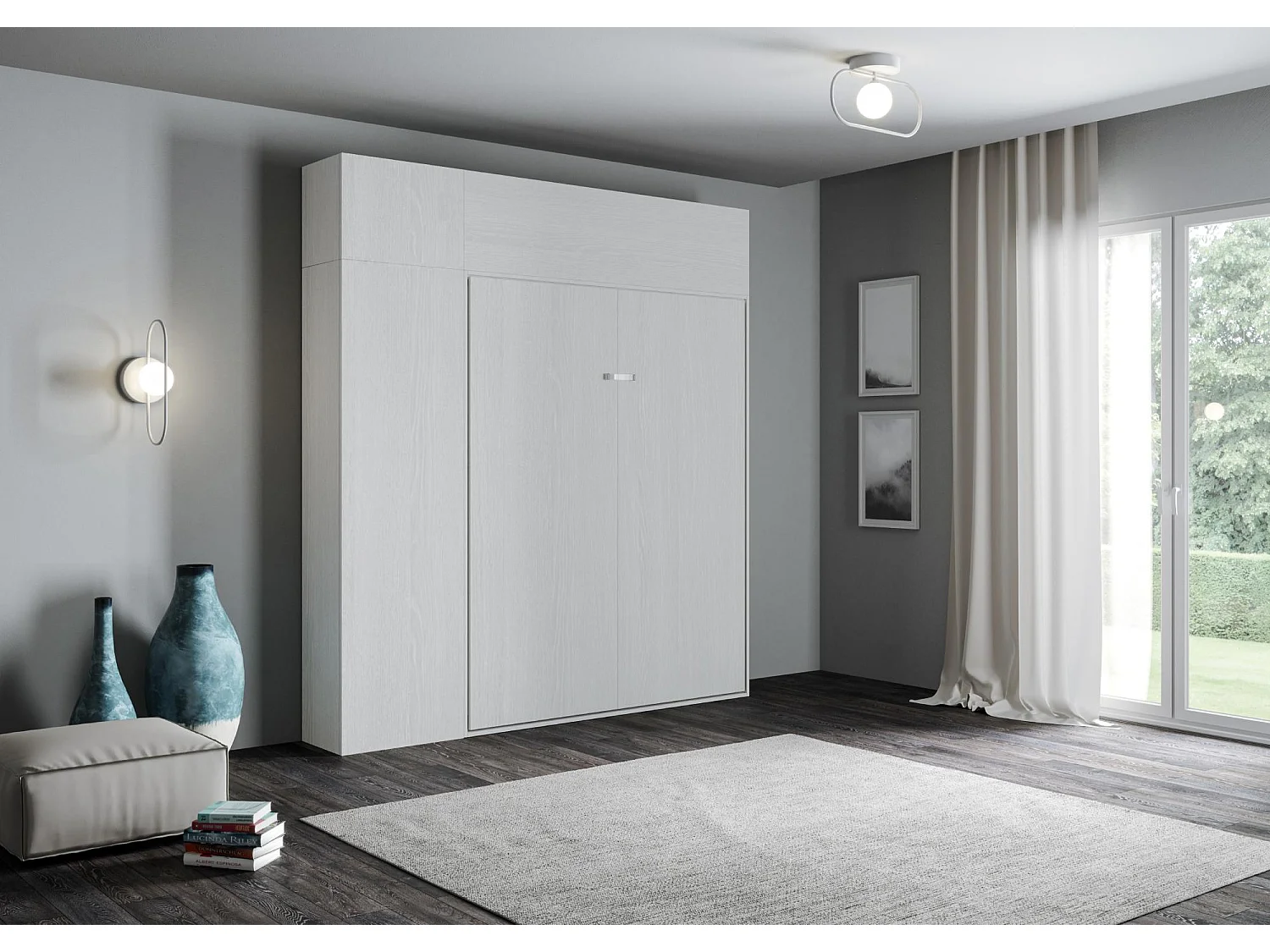 Armoire lit queen size escamotable vertical 160 Kentaro avec meublier Frêne Blanc