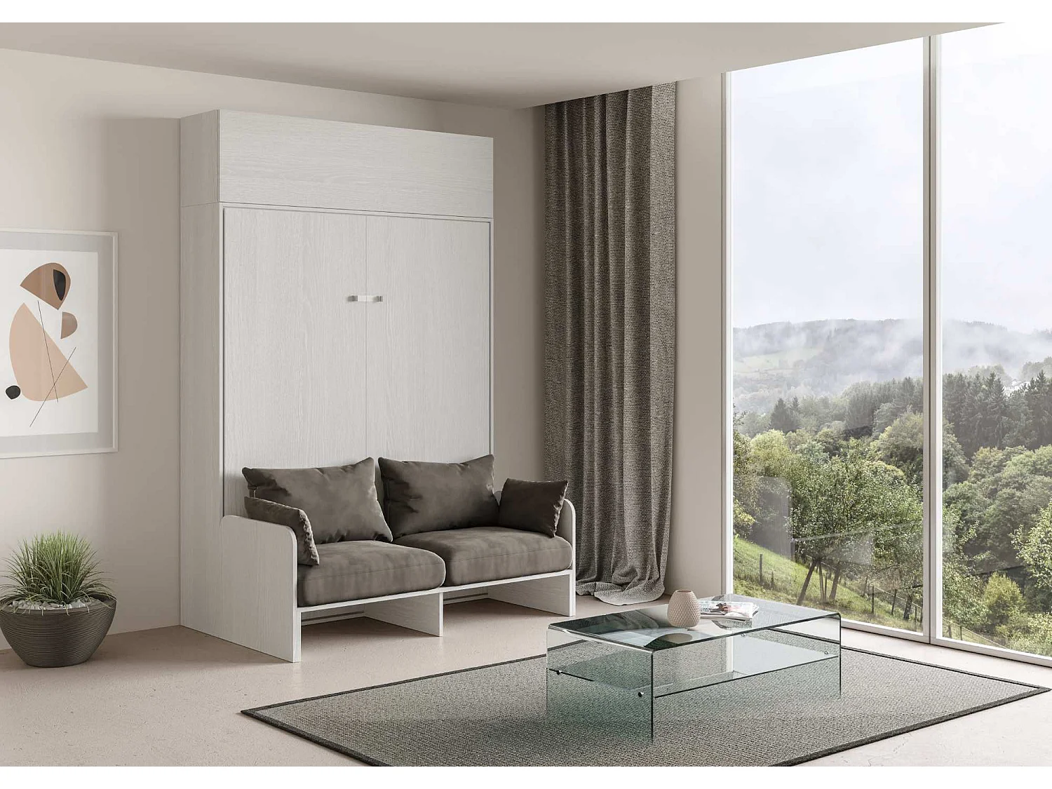 Armoire lit queen size escamotable vertical 160 Kentaro Sofa avec èlèment haut Frêne Blanc -A20