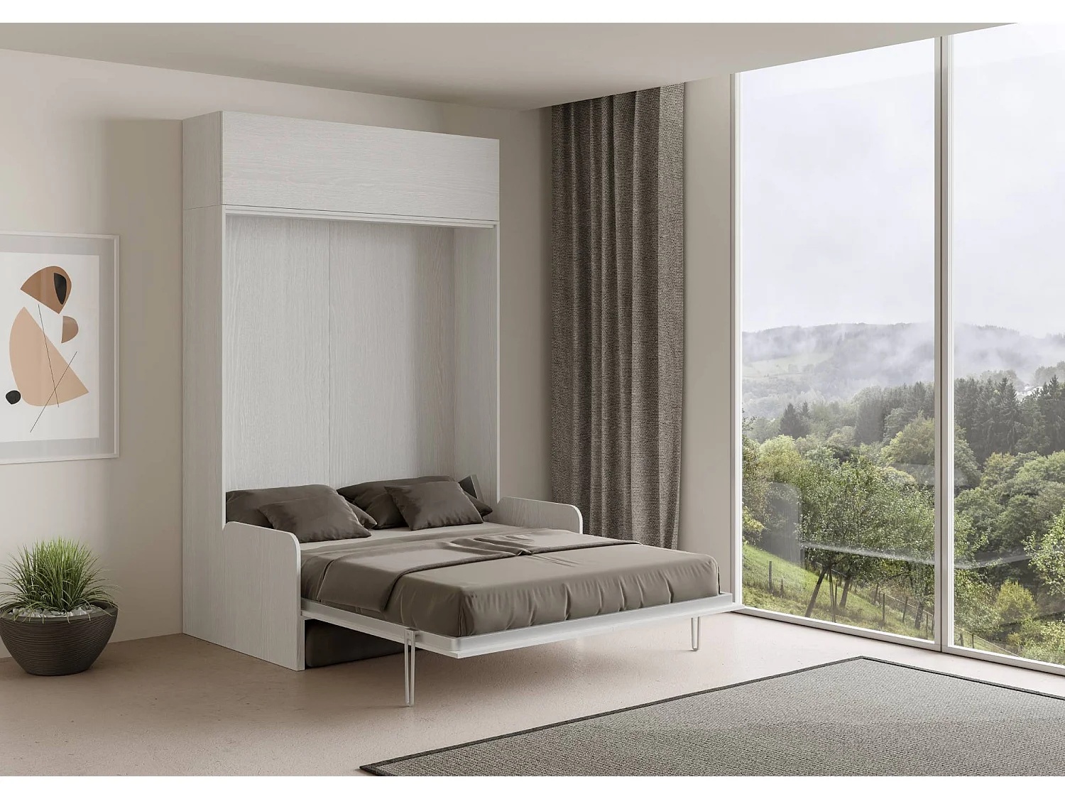 Armoire lit queen size escamotable vertical 160 Kentaro Sofa avec èlèment haut Frêne Blanc -A20