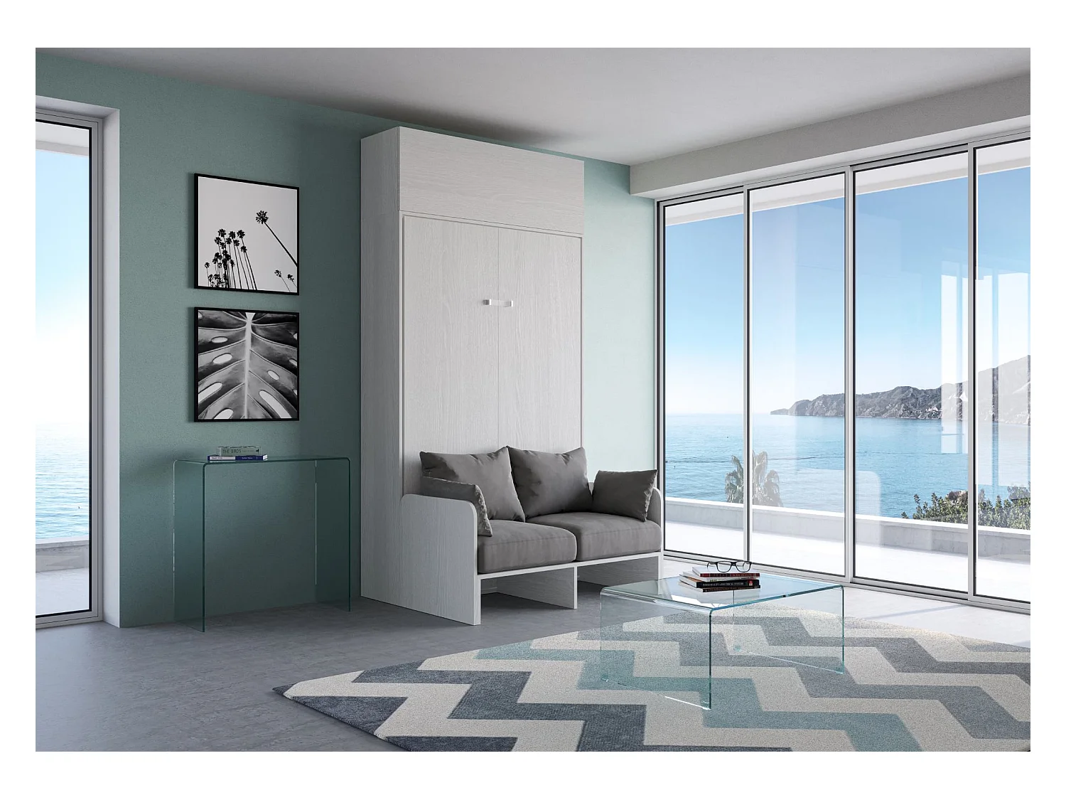 Armoire lit escamotable vertical 140 Kentaro Sofa avec èlèment haut Frêne Blanc - ALESSIA 20