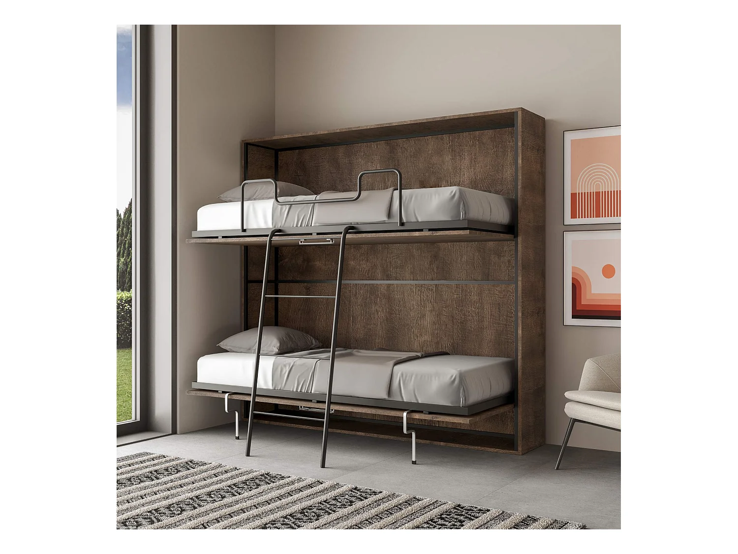 Schrankbett Kando Etagenbett 2 Schlafplätze horizontal mit Matratzen Nussbaum