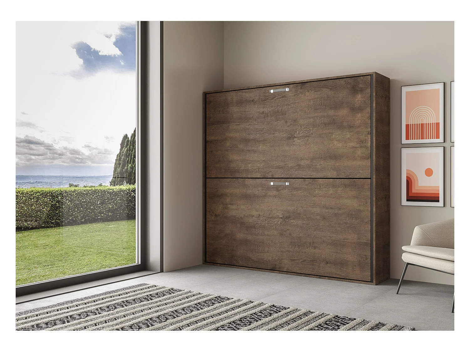 Schrankbett Kando Etagenbett 2 Schlafplätze horizontal mit Matratzen Nussbaum