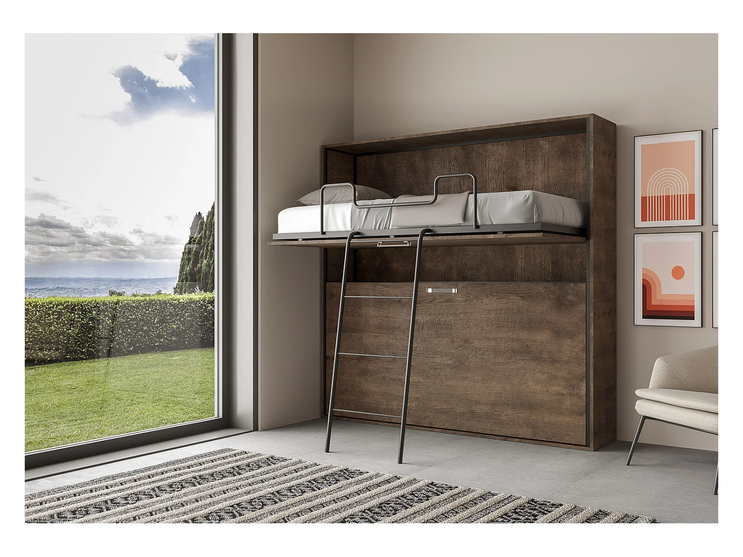 Schrankbett Kando Etagenbett 2 Schlafplätze horizontal mit Matratzen Nussbaum